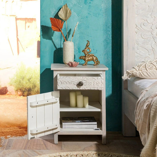 Hand-carved Antique Bedside 1 Drawer & 1 Door Furniture