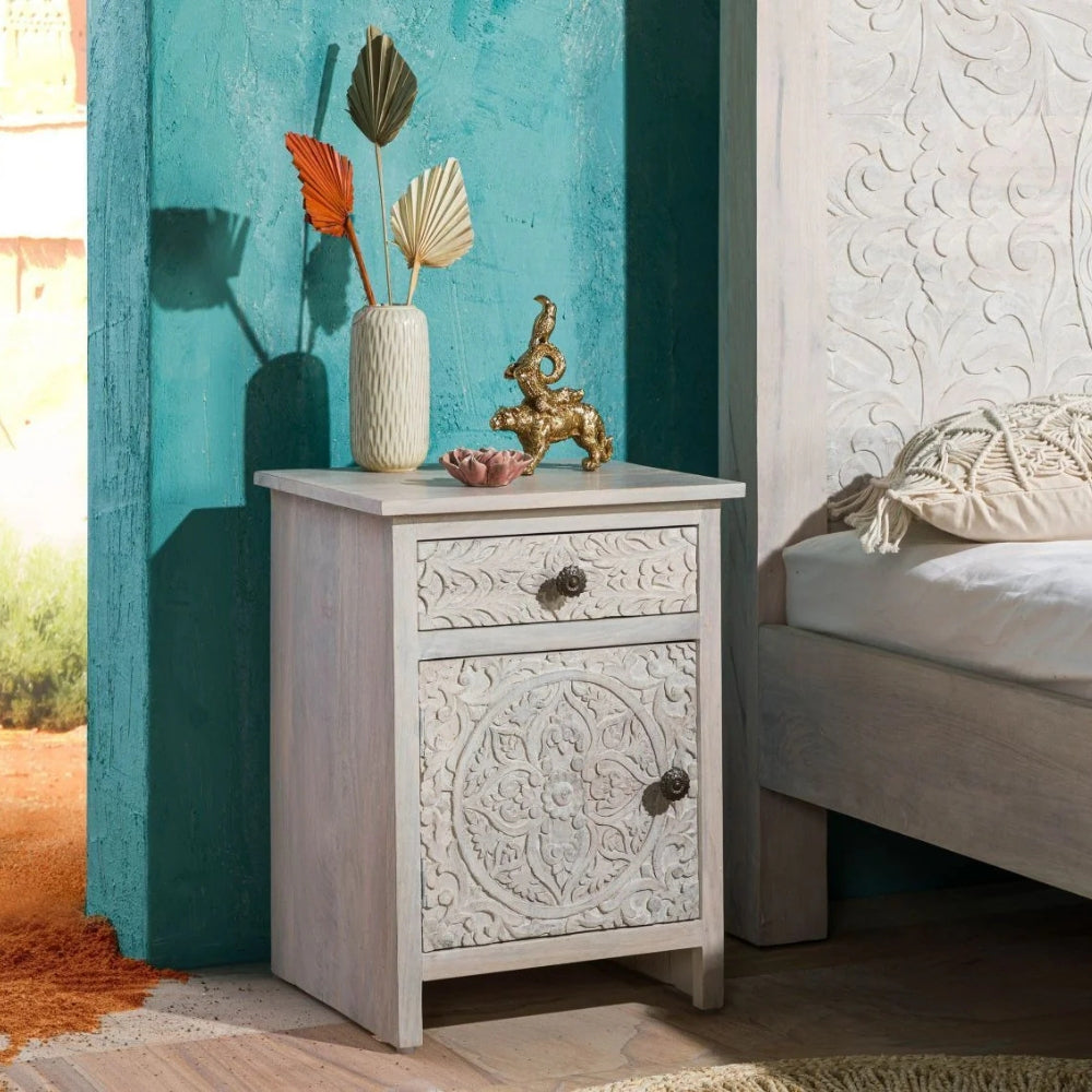 Hand-carved Antique Bedside 1 Drawer & 1 Door Furniture