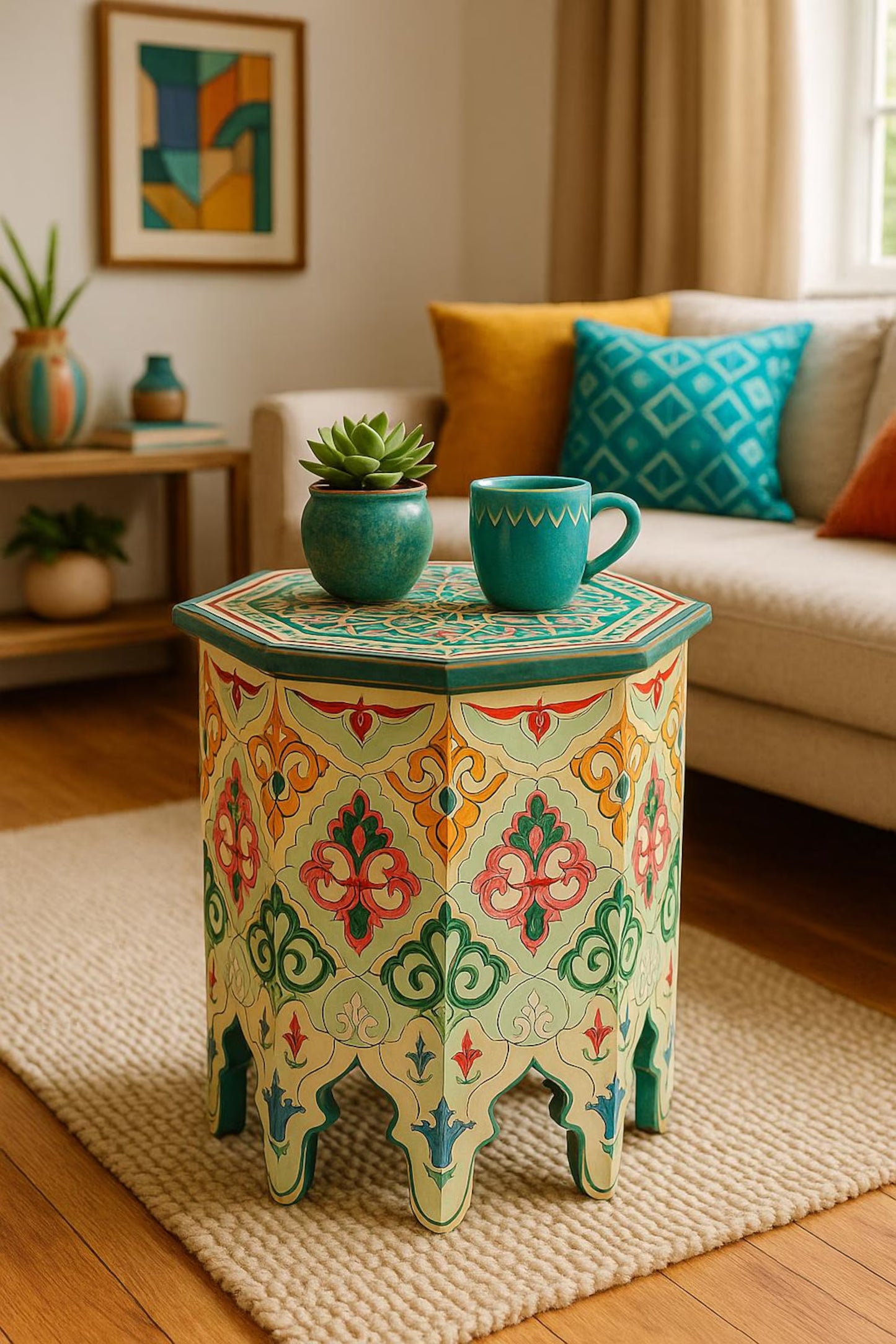 Hand-Painted Moroccan Side Table – Colorful Accent Table for Boho & Artistic Interiors