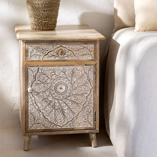 Hand-Carved 1 Drawer With 1 Door Bedside Table