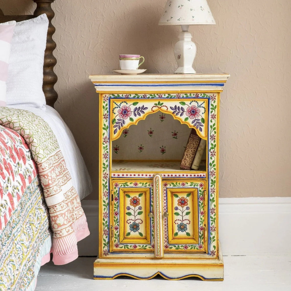 Hand Painted Living Room Wooden Bedside – floral design