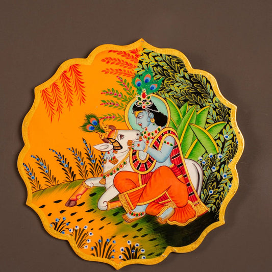 Wooden Hand painted Wall hanging plates - Krishna & Cow
