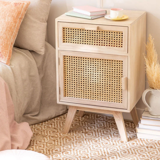 Cane 1 Drawer & 1 Door Bedside Table