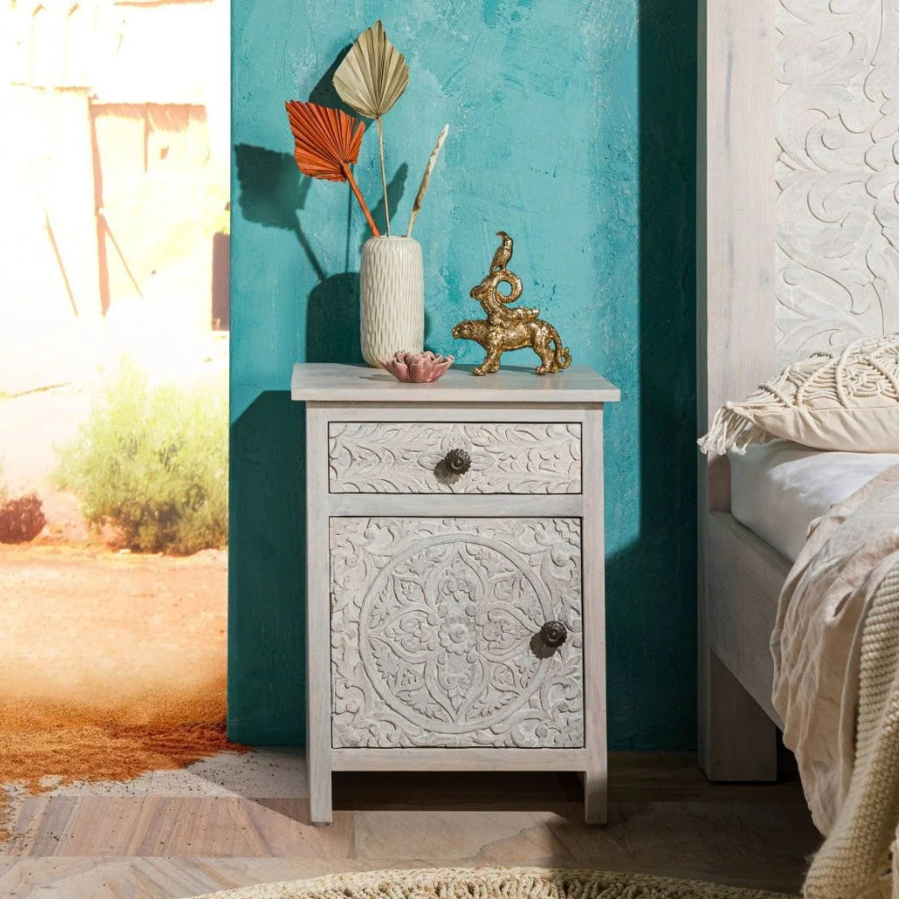 Hand-carved Antique Bedside 1 Drawer & 1 Door Furniture