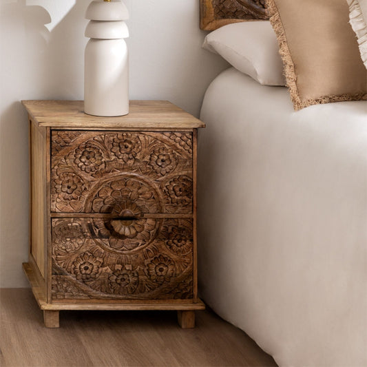 Hand-Carved Bedside Table Natural