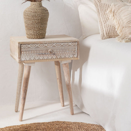 Hand-Carved 1 Drawer Bedside Table
