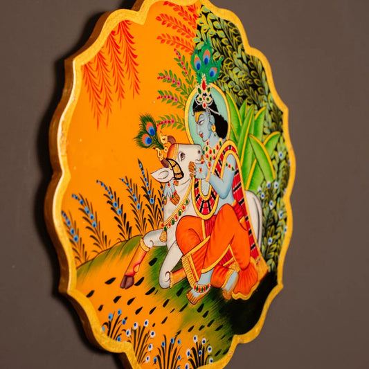 Wooden Hand painted Wall hanging plates - Krishna & Cow