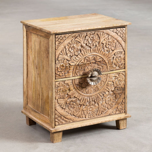 Hand-Carved Bedside Table Natural