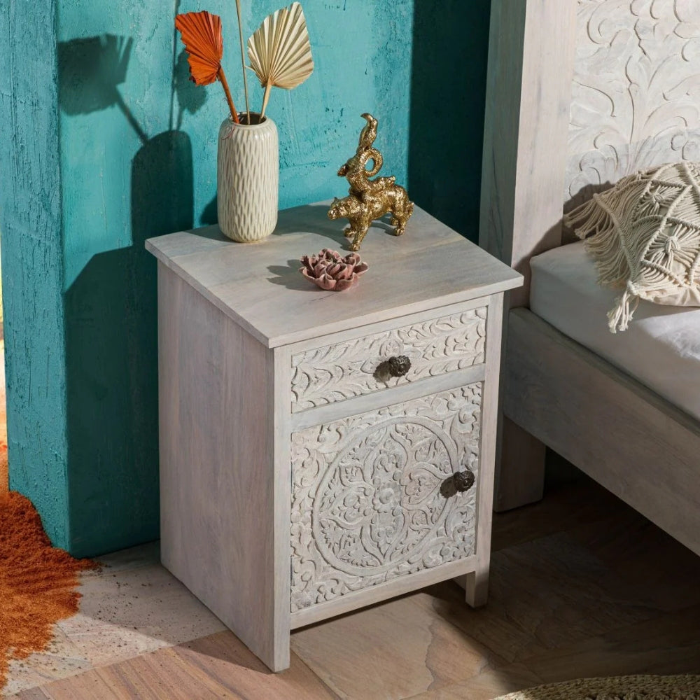 Hand-carved Antique Bedside 1 Drawer & 1 Door Furniture