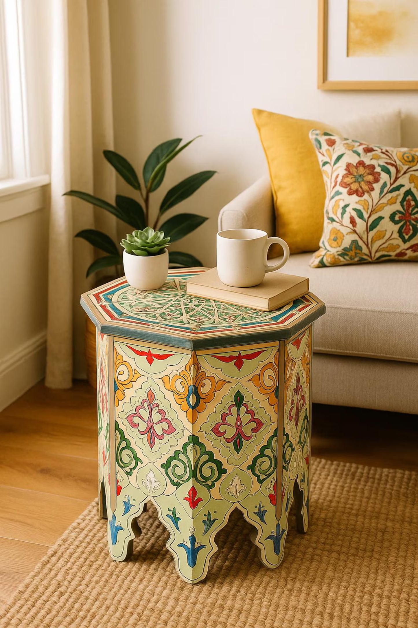 Hand-Painted Moroccan Side Table – Colorful Accent Table for Boho & Artistic Interiors