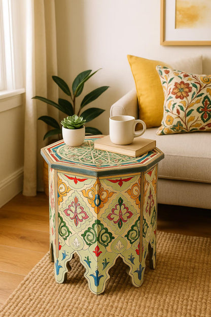 Hand-Painted Moroccan Side Table – Colorful Accent Table for Boho & Artistic Interiors
